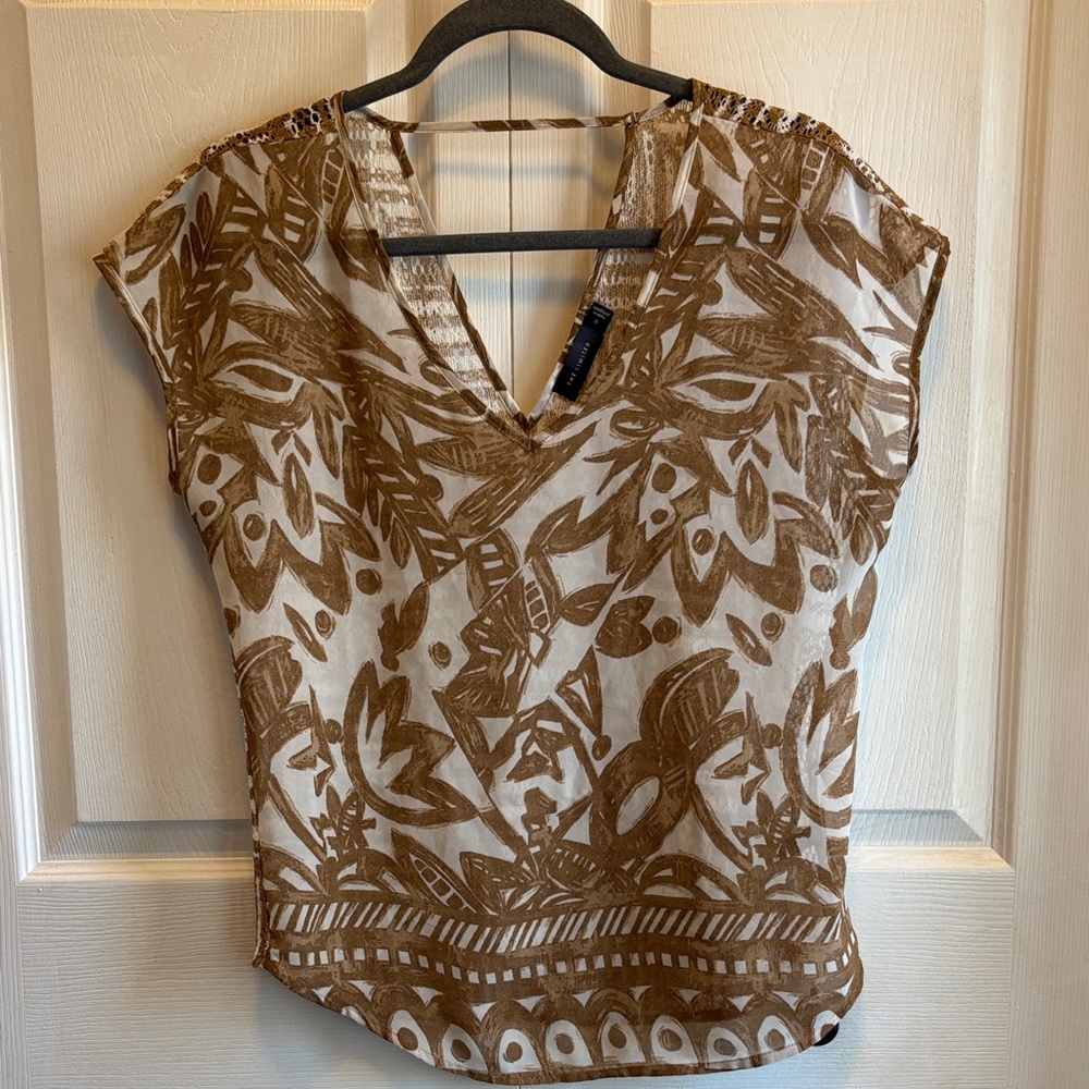 The Limited Womens Brown White Botanical Print Lace Back V-Neck Blouse Medium
